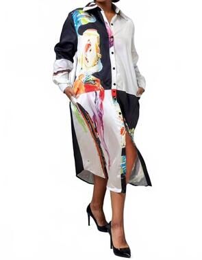 NEW N BY NANCY long cuffed button-down dress in white multi